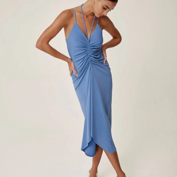 Elegant Blue Ruched Midi Dress NWT by Lanston. Disco vibes - Picture 1 of 7